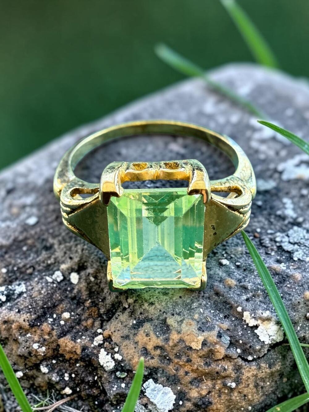 Vintage Gold Filled Green Uranium Glass Statement Ring Emerald Cut Stone Sculptu